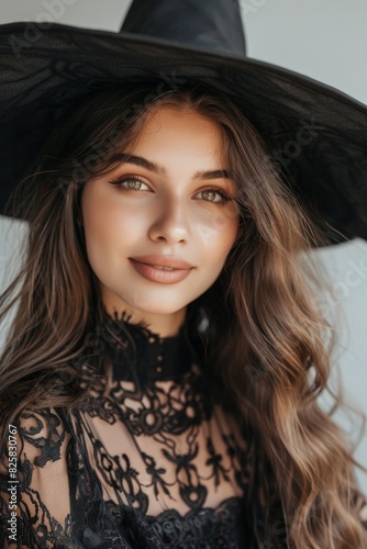 Mysterious woman in black lace dress and wide-brimmed hat
