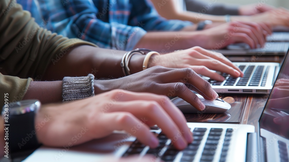 An artistic close-up of hands from different individuals, each typing away on their laptops with focused determination, showcasing the synergy of teamwork in a tech-driven office environment. An artistic close-up of hands from different individuals, each typing away on their laptops with focused determination, showcasing the synergy of teamwork in a tech-driven office environment.