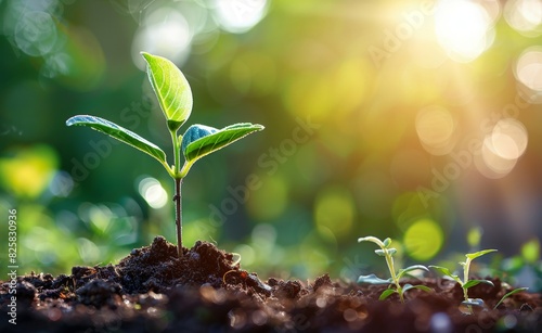 Sprouting plant in soil with sunlight