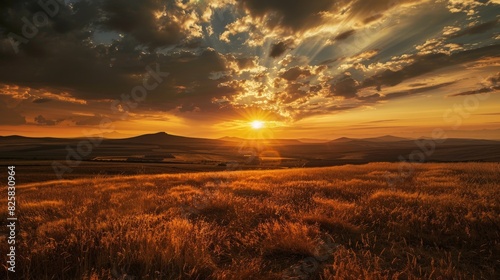 Breathtaking sunset over a golden field