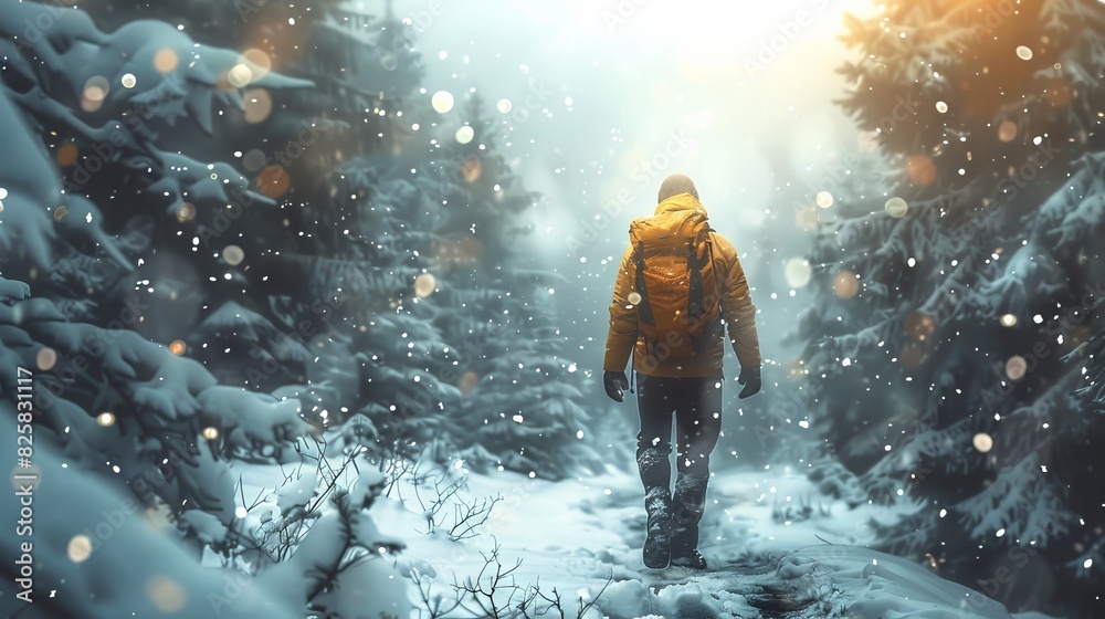 A hiker trekking through a snowy landscape A hiker trekking through a snowy landscape