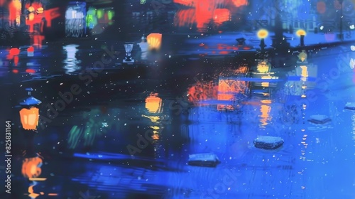  A painting of a city street at night with street lights reflecting on the wet surface of the water