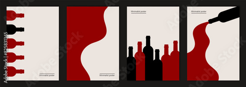 Set of vector illustrations with bottles of wine. Minimalist posters design in red and black colors.
