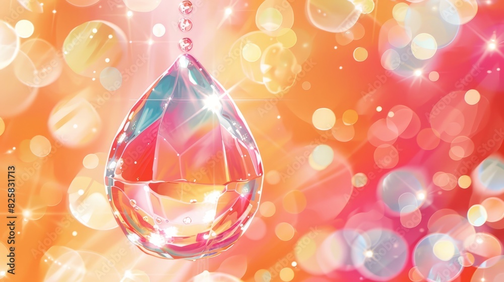 A water droplet hangs from a string against a backdrop of colorful, sparkling lights The bokeh effect amplifies the lights' brilliance, as the droplet spark A water droplet hangs from a string against a backdrop of colorful, sparkling lights The bokeh effect amplifies the lights' brilliance, as the droplet spark