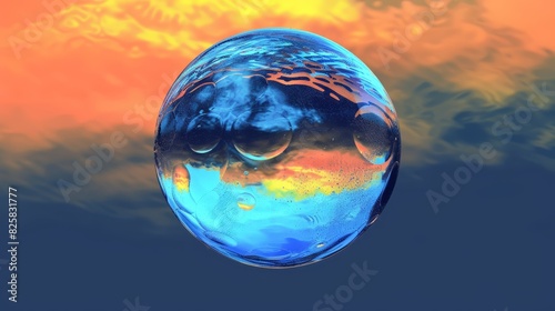  A glass ball hovers above  surrounded by a vibrant  colored sky Clouds populate the top midsection