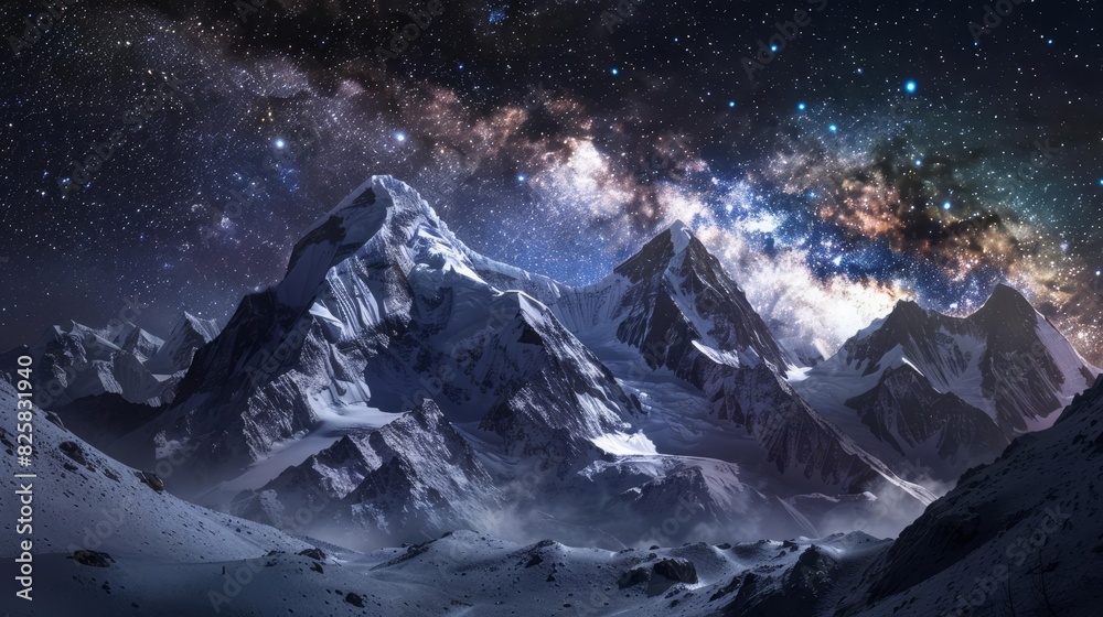 Snowy mountain range under a starry night sky, Milky Way visible, crisp ...