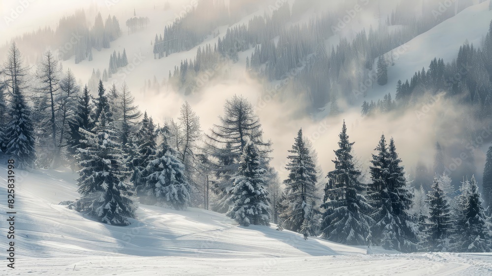 Snowy mountain with evergreen forest