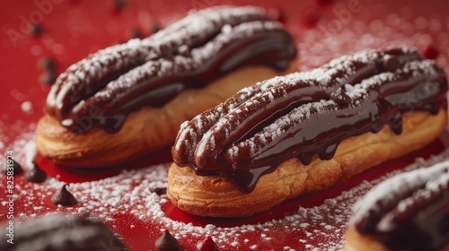 Delicious chocolate-covered cream puffs dusted with powdered sugar photo
