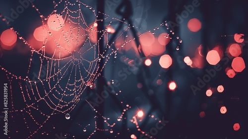  A clear close-up of a spider web against a tree backdrop, with red lights subtly visible in the distance The tree image is slightly blurred, while the background remains photo
