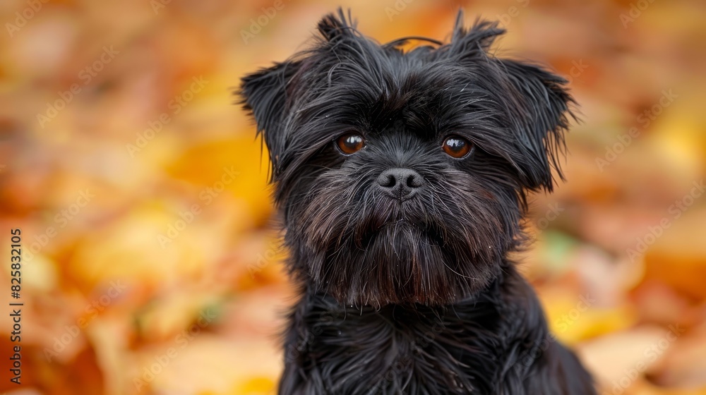 A small black dog sits atop a mound of leaves Nearby, a heap of orange and yellow leaves stands One of the dog's eyes is fixed on the scene before them A small black dog sits atop a mound of leaves Nearby, a heap of orange and yellow leaves stands One of the dog's eyes is fixed on the scene before them
