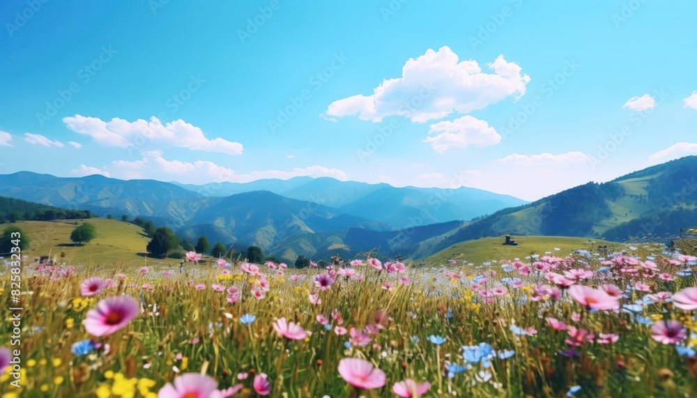 Fototapeta premium A stunning spring day landscaping views of fertile land surrounded beautiful green vegetation, wide stretches of hills and mountains with clear skies in spring