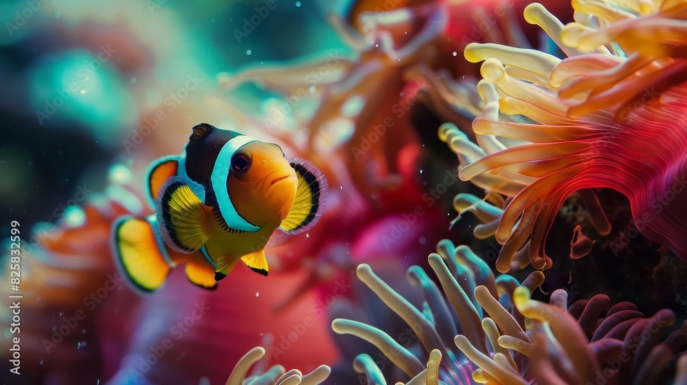 Tropical fish darting through sea anemones and coral formations, bright and contrasting colors, serene and enchanting underwater world, highresolution ocean photography, Close up Tropical fish darting through sea anemones and coral formations, bright and contrasting colors, serene and enchanting underwater world, highresolution ocean photography, Close up