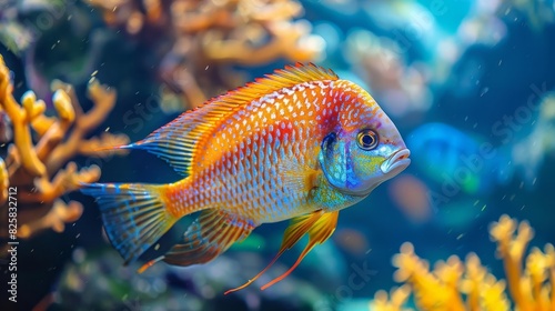Tropical fish in an aquarium, detailed closeup of intricate patterns and vivid hues, peaceful and mesmerizing environment, highdefinition aquatic photography, Close up