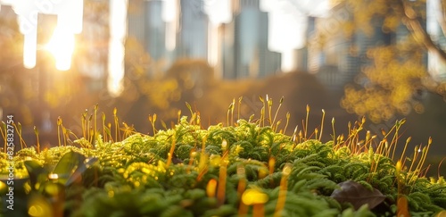 Lush moss and foliage in golden sunlight photo