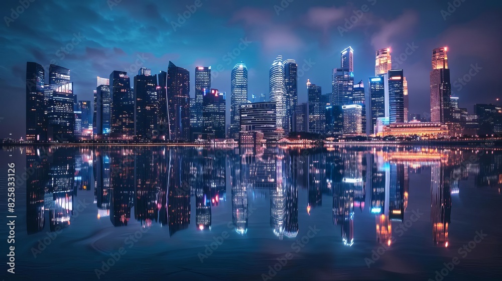 Fototapeta premium Urban skyline at night with illuminated skyscrapers