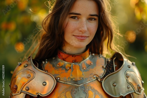 woman in ornate armor posing in nature