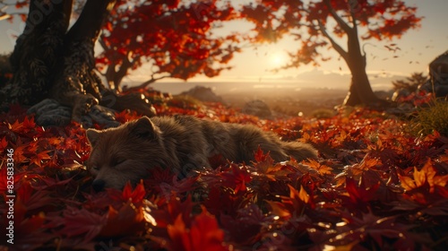  A wolf reclines in a forest, surrounded by red leaves A tree with sun-kissed foliage stands behind photo