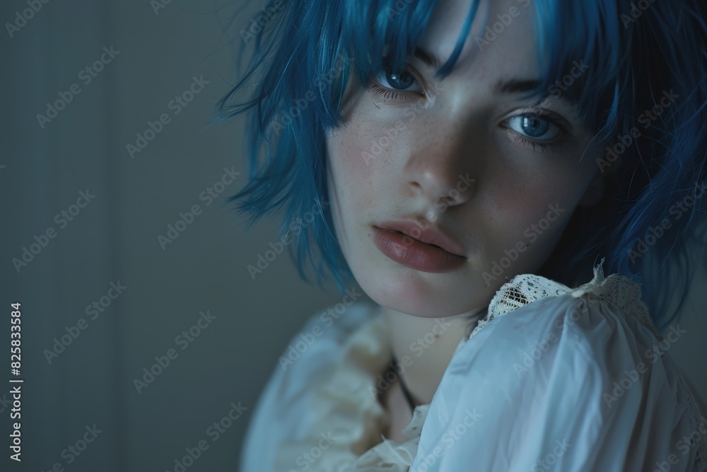 Pensive young woman with blue hair Pensive young woman with blue hair