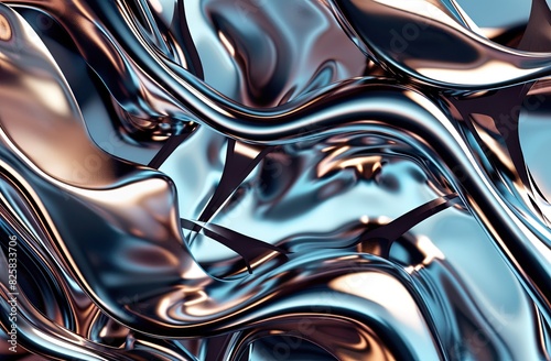 Abstract metallic blue and bronze interconnected pattern  close-up. Modern digital art representing fluidity and connectivity.