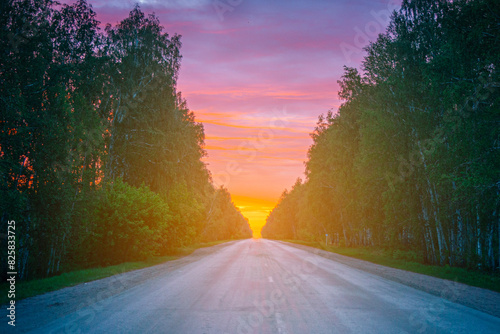 road at red sunset in a forest photo