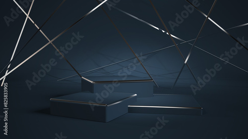 Dark blue navy product display podium background with abstract cross silver line