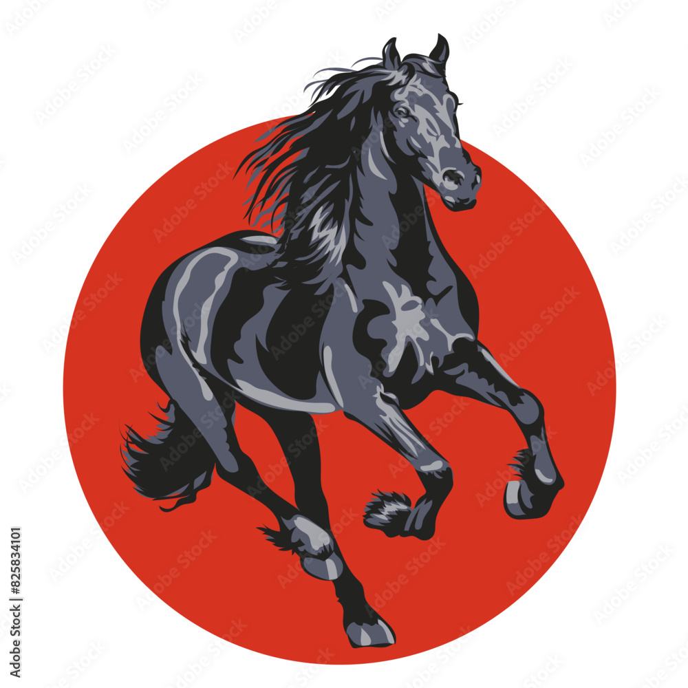 Нorse galloping against the background of a red circle