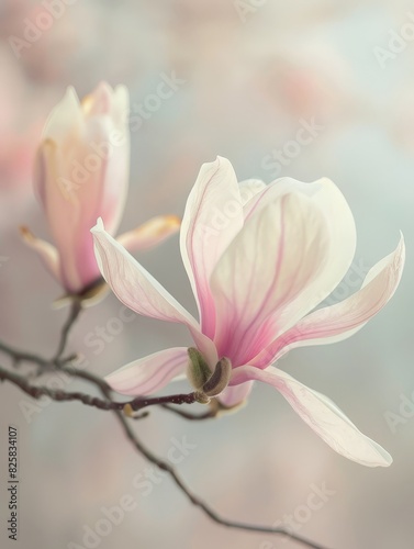 delicate pink magnolia flower blooming on branch