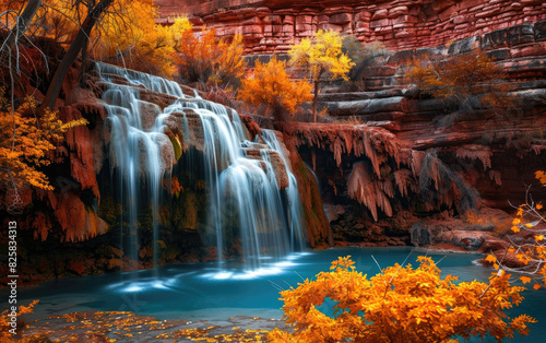 Waterfall in the red rock canyon  beautiful colors  blue water pool  orange foliage. Created with Ai