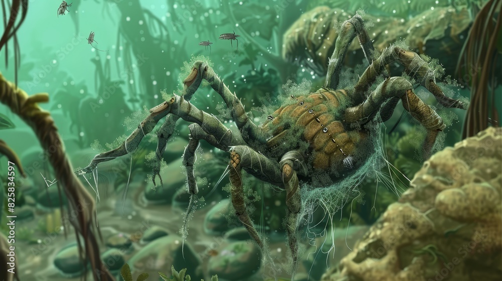  A large spider traverses a forest teeming with greenery Plants grow from its back and front legs as it approaches a body of water