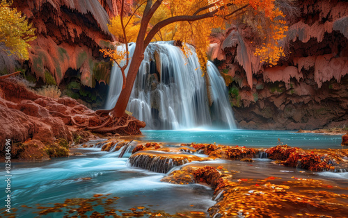 Beautiful waterfall in the fall, red rocks and blue water with orange trees. Created with Ai © Trendy