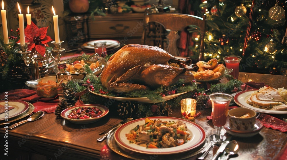 A large turkey is the centerpiece of a festive table with many dishes generated by AI A large turkey is the centerpiece of a festive table with many dishes generated by AI