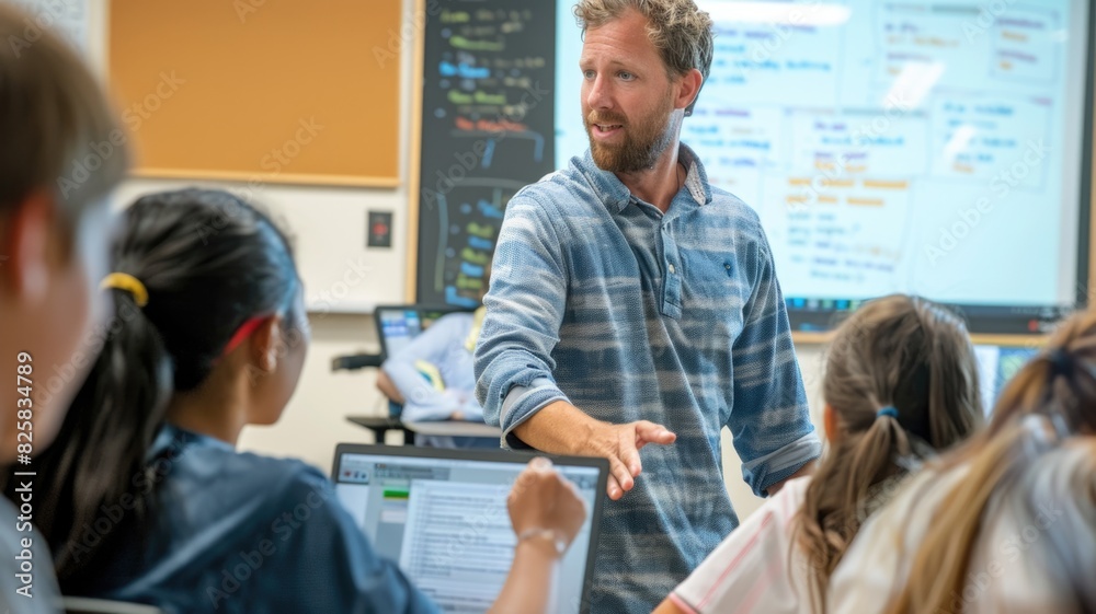 Obraz premium teacher in a classroom, engaging with students, using interactive teaching methods to inspire and educate the next generation