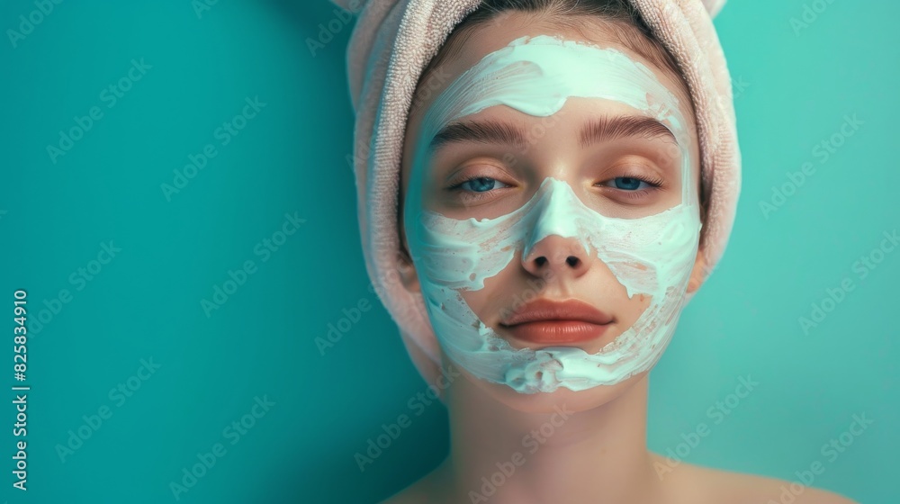A woman with a white towel on her head and a blue face mask on her face A woman with a white towel on her head and a blue face mask on her face