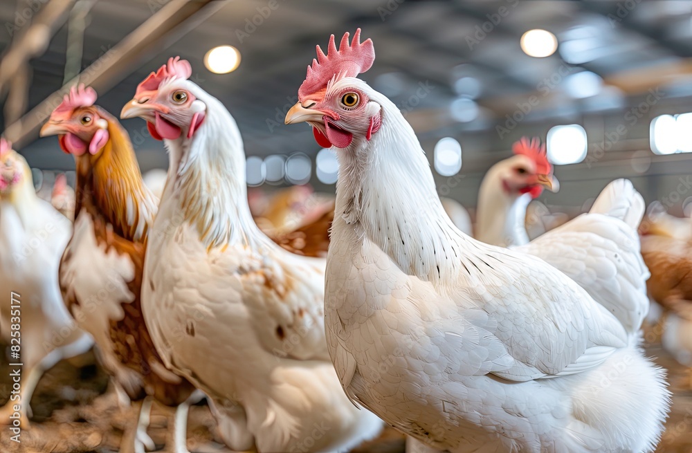 Chickens in a poultry farm setting. White and brown chickens standing in a row, well-lit environment showing natural behavior and farming conditions.