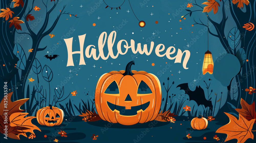 Fototapeta premium A spooky Halloween scene featuring jack-o-lantern pumpkins and flying bats