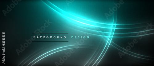 Neon glowing circle rays, light round lines in the dark, planet style neon wave lines. Energetic electric concept design for wallpaper, banner, background