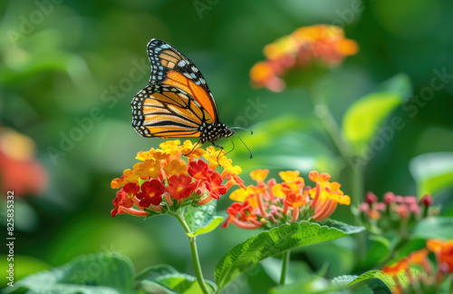 A detailed photo of an orange and black monarch butterfly resting on colorful lantana flowers. Created with Ai