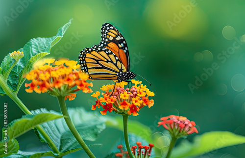 A close-up shot of an orange and black monarch butterfly perched on colorful lantana flowers, with a blurred green background. Created with Ai © Trendy