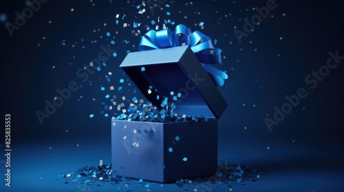 Blue open gift box with bow isolated on blue background