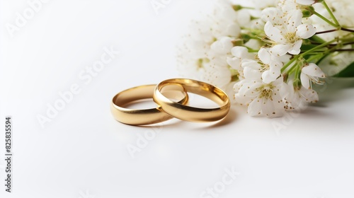 Golden wedding rings and flowers. Two upright gold wed bands isolated on white background.