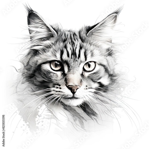 Cat portrait hand drawn sketch engraving style. Fluffy cat head sitting and looking. White background © elena_garder