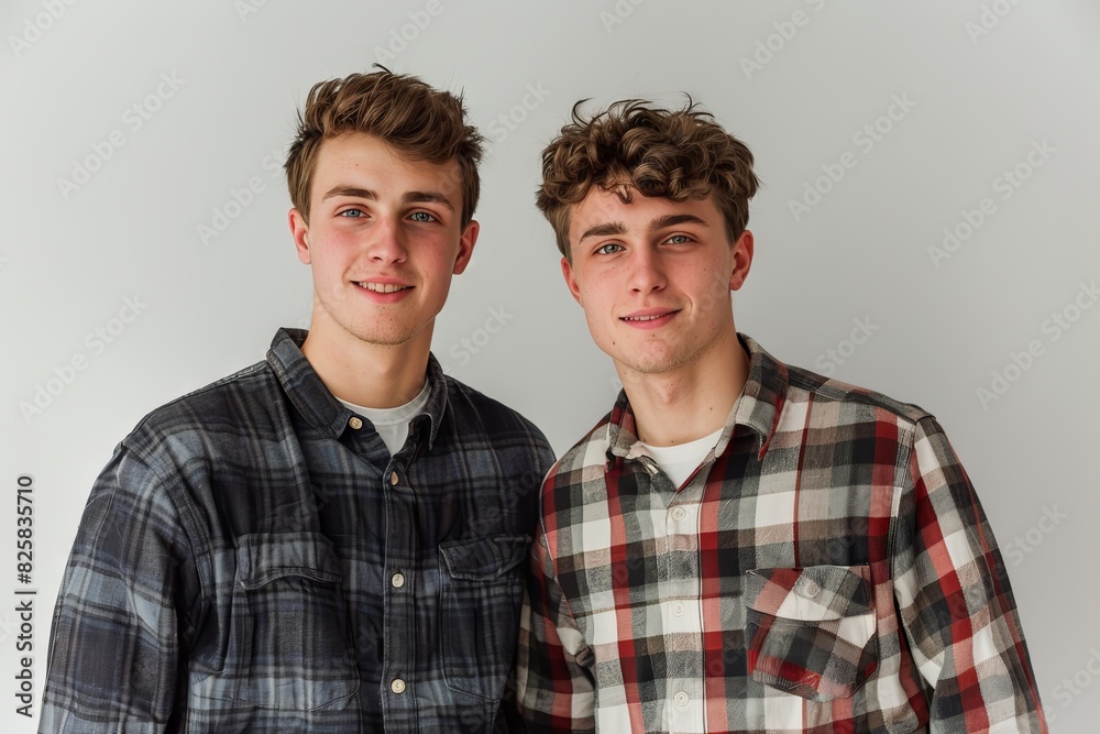 Brothers in casual attire against a plain background Brothers in casual attire against a plain background