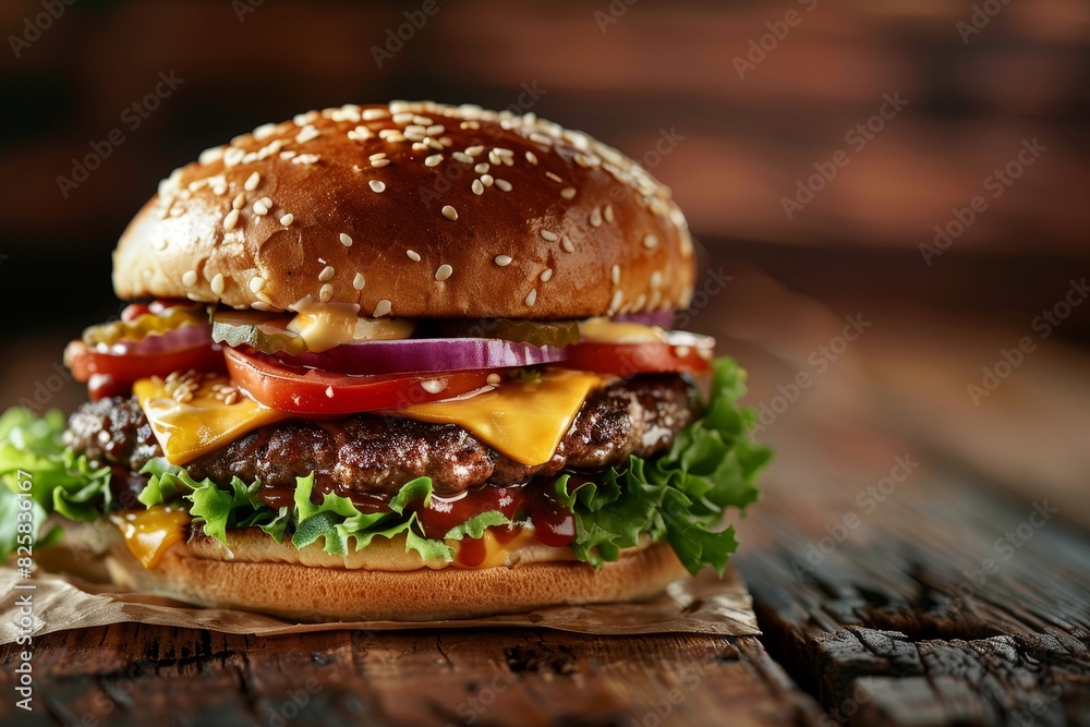 A hamburger with lettuce and tomato on top of a bun generated by AI A hamburger with lettuce and tomato on top of a bun generated by AI