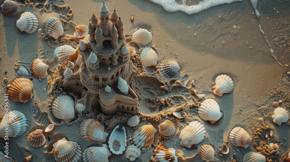 Fototapeta premium A top-down shot of seashells around a small sandcastle on the beach.