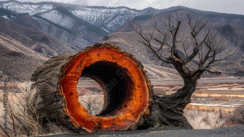  A tree, truncated in a field, backs mountains; centerground, a substantial woodpiece photo