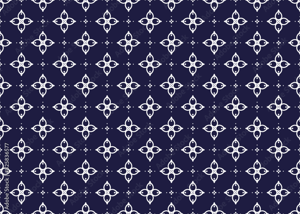 Obraz premium White symbol flowers on dark blue background, ethnic fabric seamless pattern design for cloth, carpet, batik, wallpaper, wrapping etc.