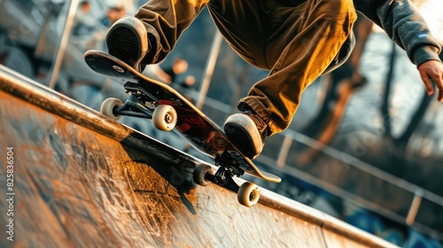 A young skateboarder practicing tricks on a half-pipe with determination. photo
