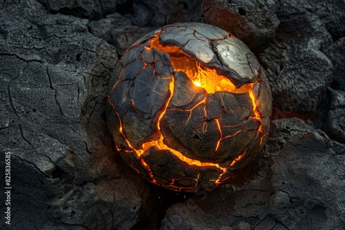 Glowing molten rock sphere in charred environment