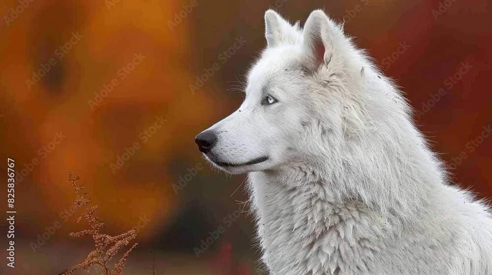 Obraz premium A tight shot of a white pooch with a black snout, before a bush, contrasting against a blurred backdrop of reddish-yellow and green leaves