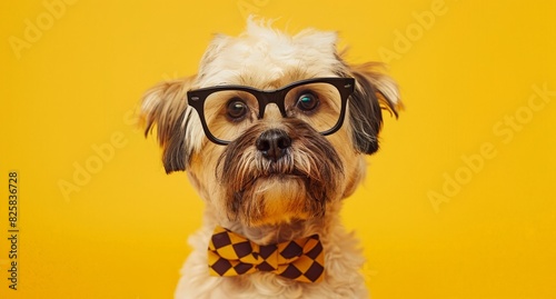 Adorable dog wearing glasses and bowtie photo